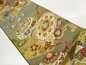 独楽に笛・花々模様織出し袋帯